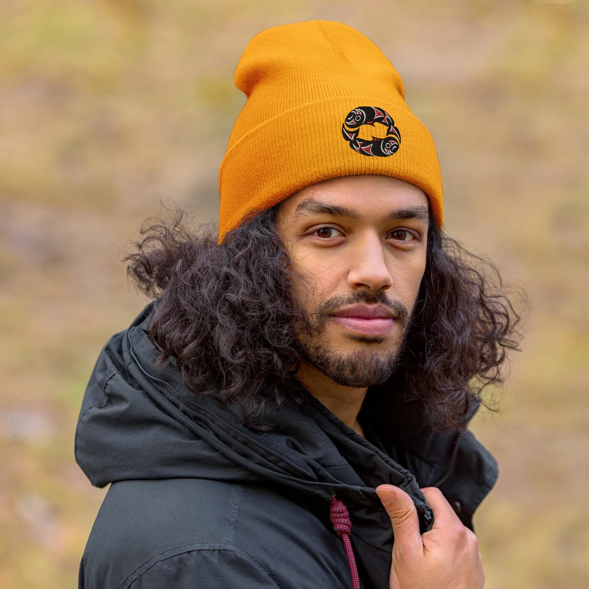 https://arts360.nativearts360.org/products/twin-salmon-cuffed-beanie?variant=43880243593392