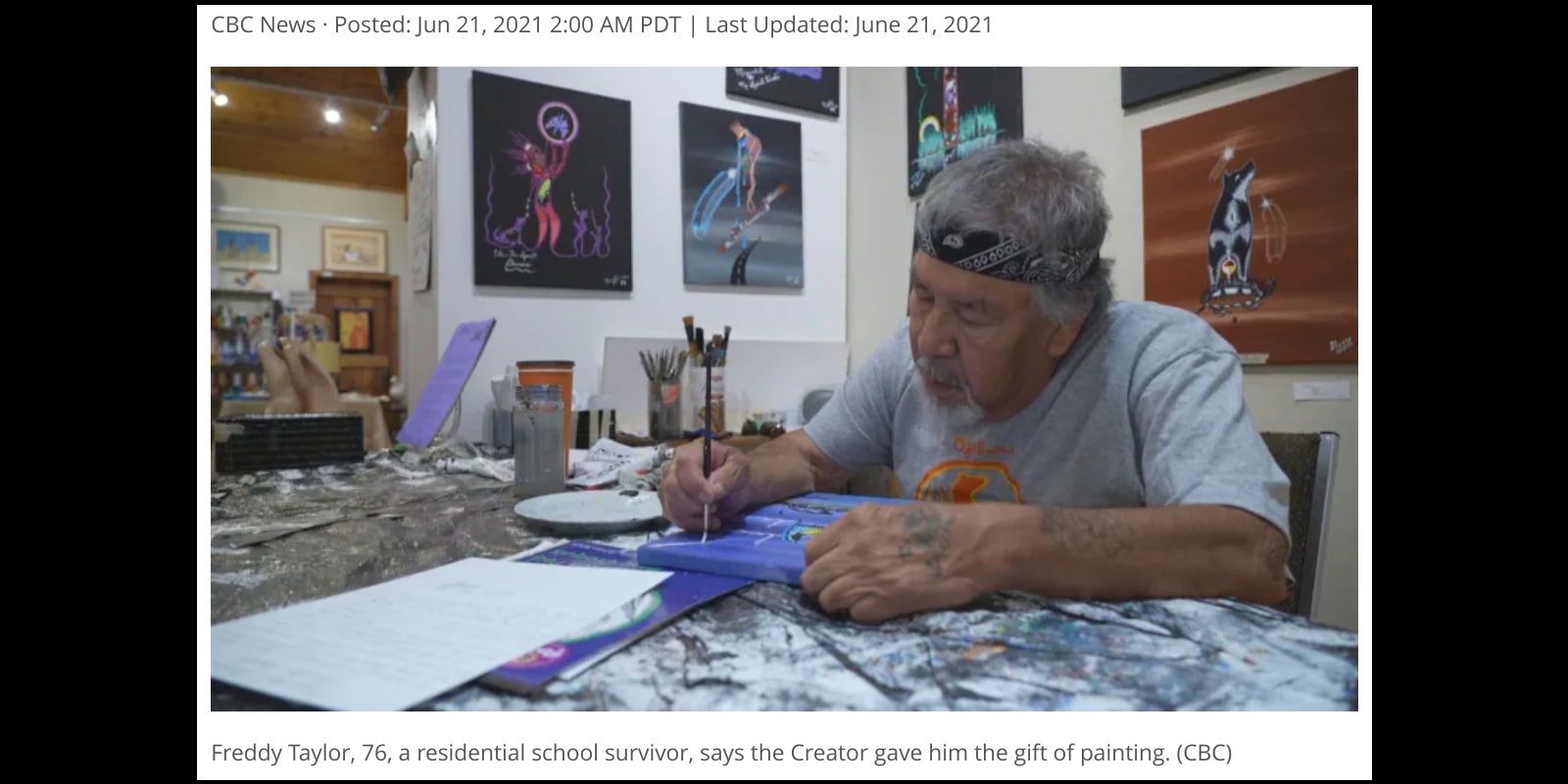 Freddy Taylor, 76, a residential school survivor, says the Creator gave him the gift of painting. (CBC)